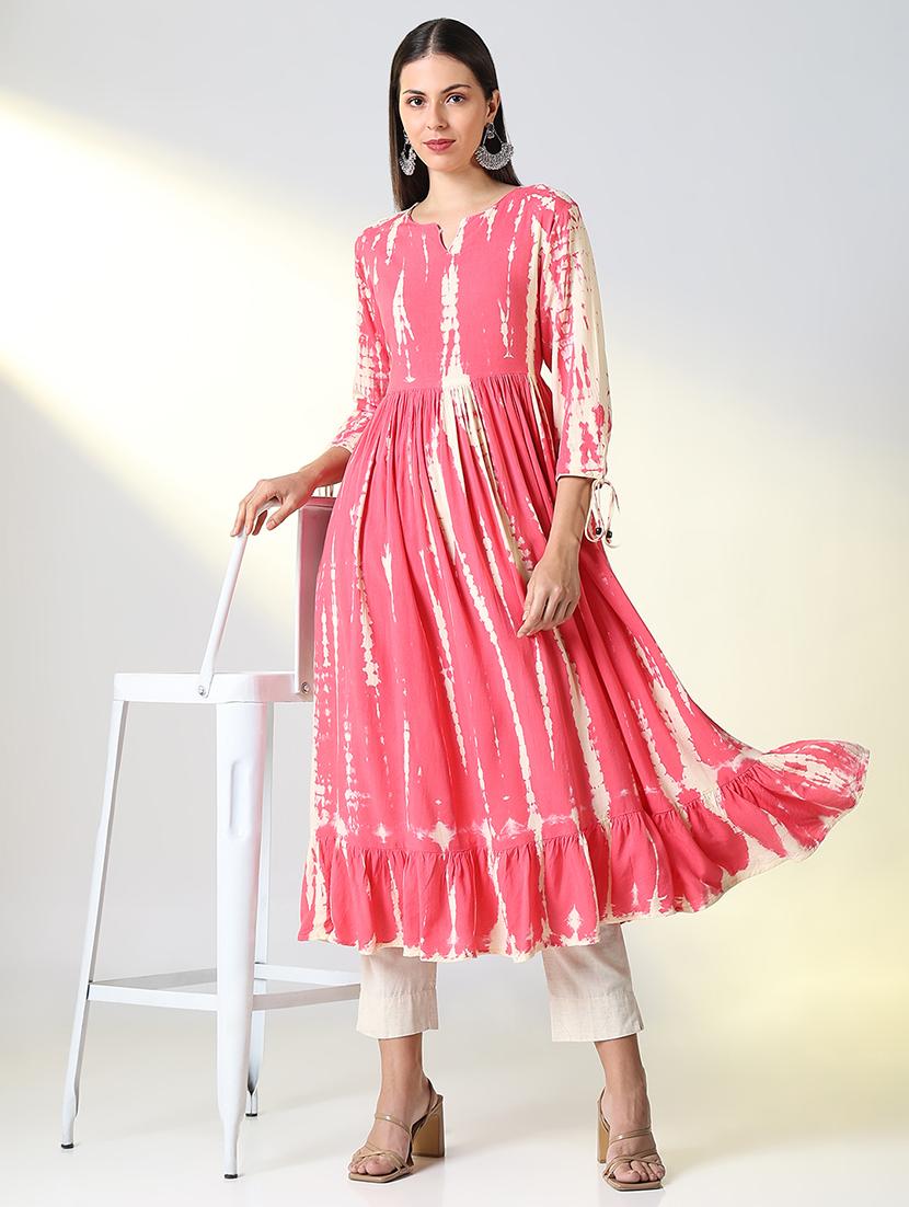 women pink tie & dye printed flared kurta - 21682136 - Zoom Image - 0
