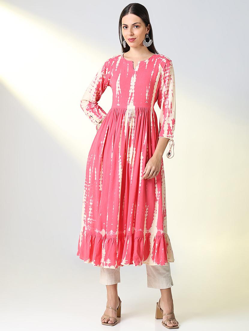 women pink tie & dye printed flared kurta - 21682136 - Standard Image - 2
