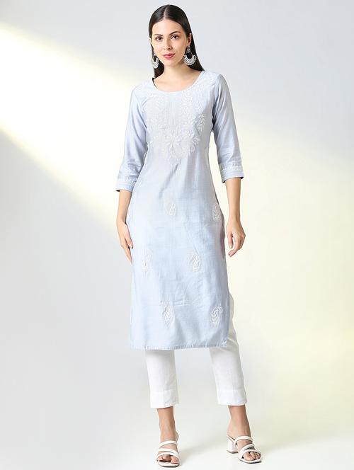 women embroidered three quarter sleeve straight kurta - 21682137 - Standard Image - 0
