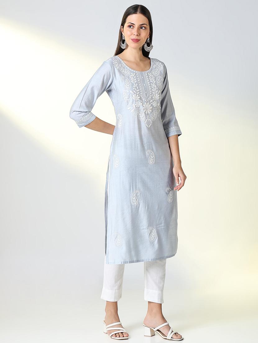 women embroidered three quarter sleeve straight kurta - 21682137 - Standard Image - 2