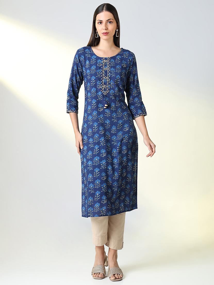 women blue floral round neck straight kurta