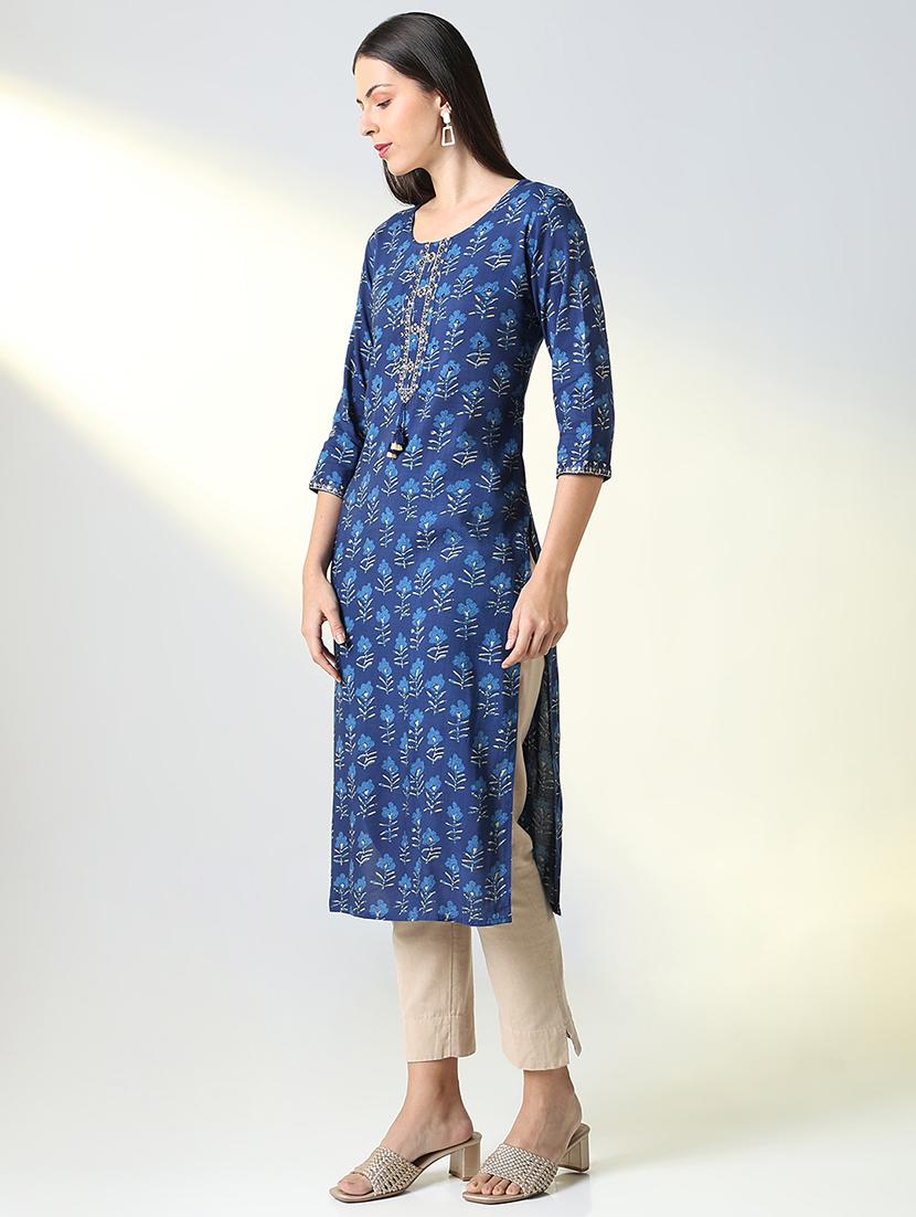 women blue floral round neck straight kurta - 21682138 - Standard Image - 2
