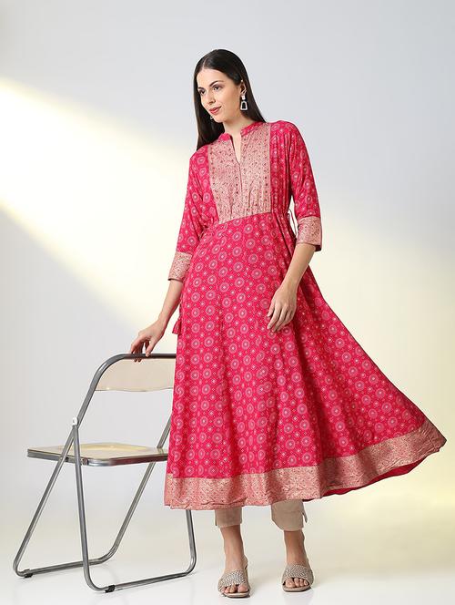 women pink printed mandarin neck a-line kurta - 21682140 -  Standard Image - 0