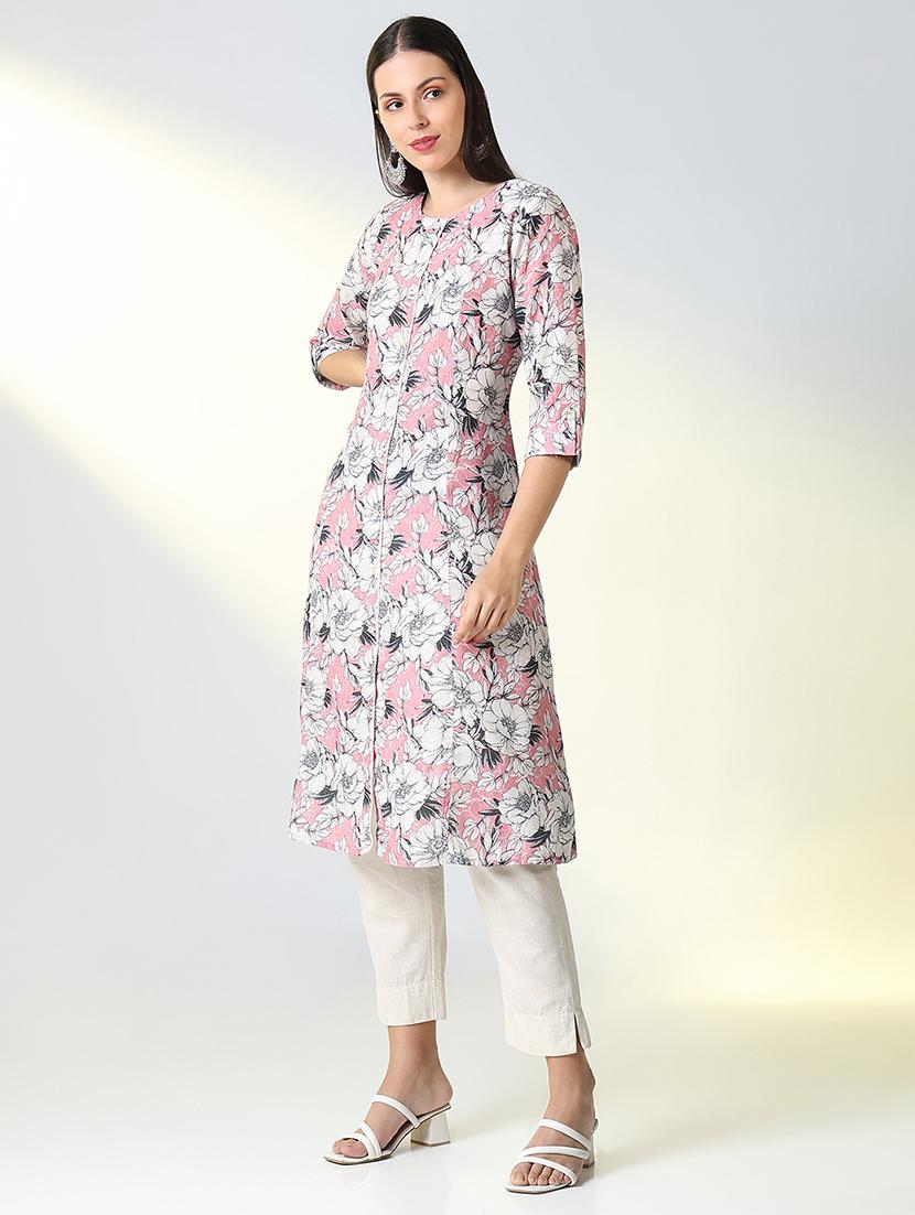 women pink floral printed a-line kurta - 21682144 - Standard Image - 2