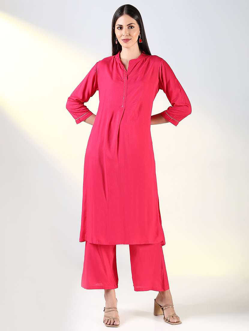 women pink solid kurta palazzo set