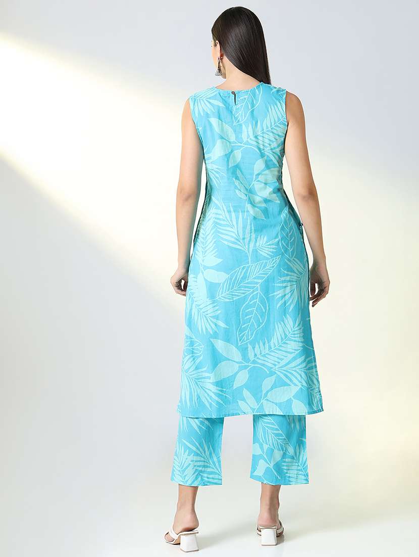 women light blue printed round neck kurta pant set - 21682177 -  Standard Image - 2
