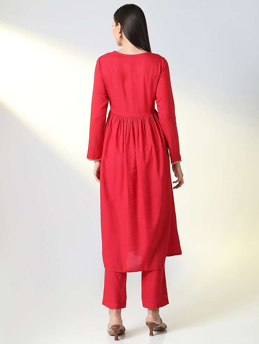 women red solid v neck kurta pant set - 21682184 - Standard Image - 2