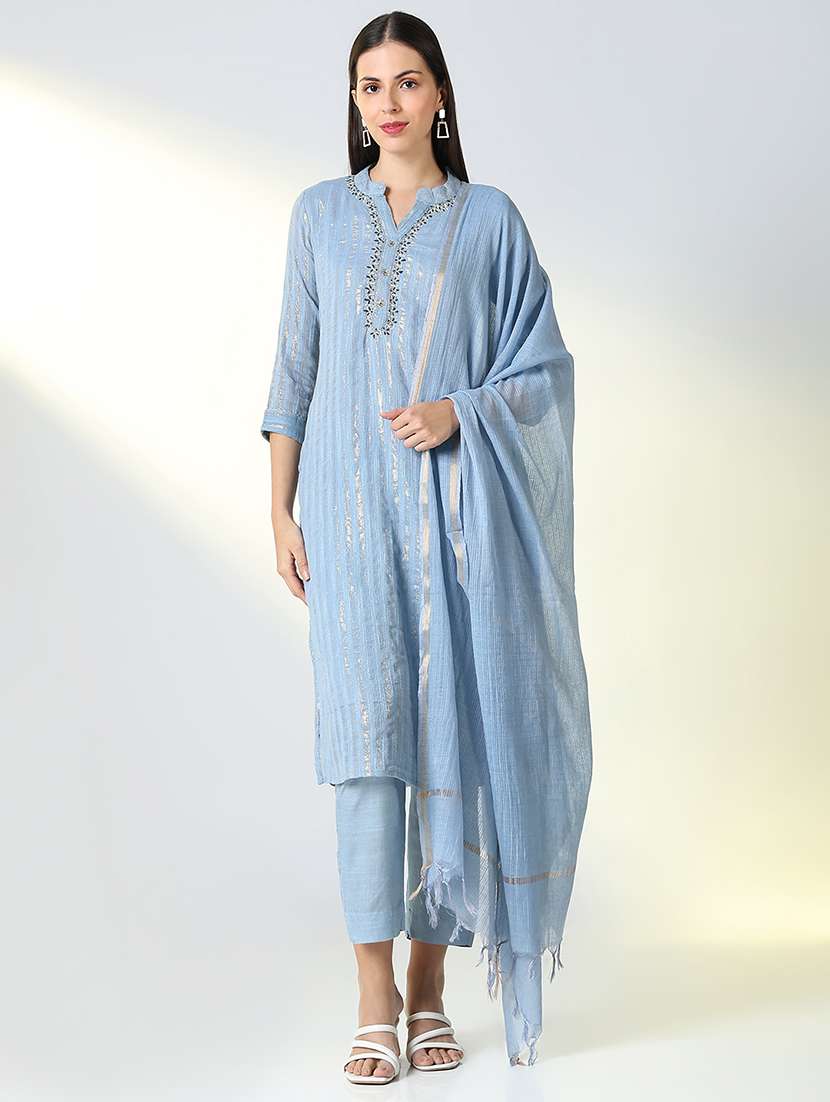 women stripes kurta pant set with dupatta