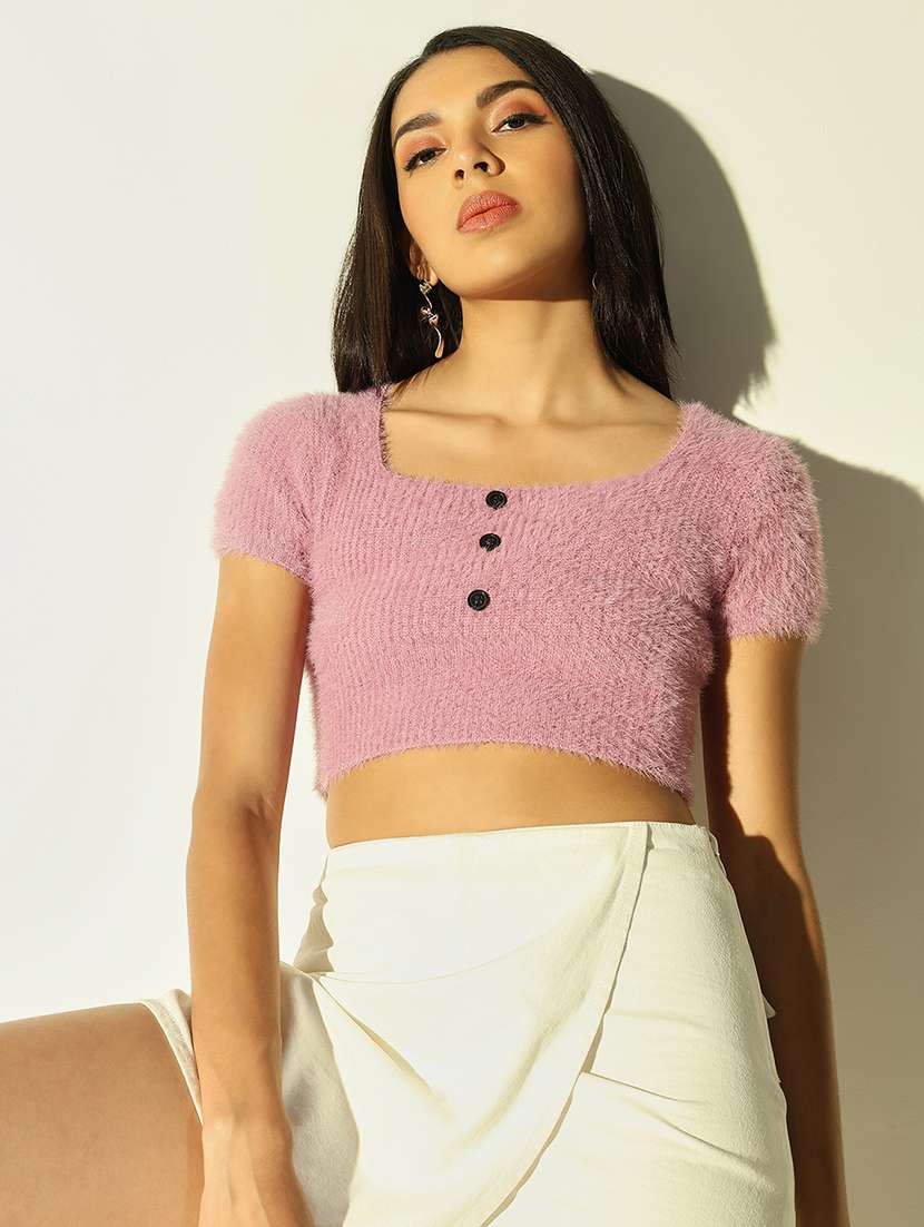 women solid short sleeves crop top