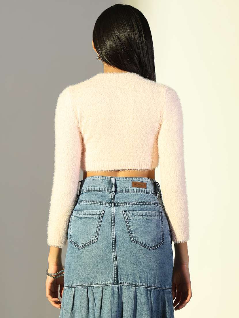 women pink solid long sleeve crop top - 21682242 - Standard Image - 2