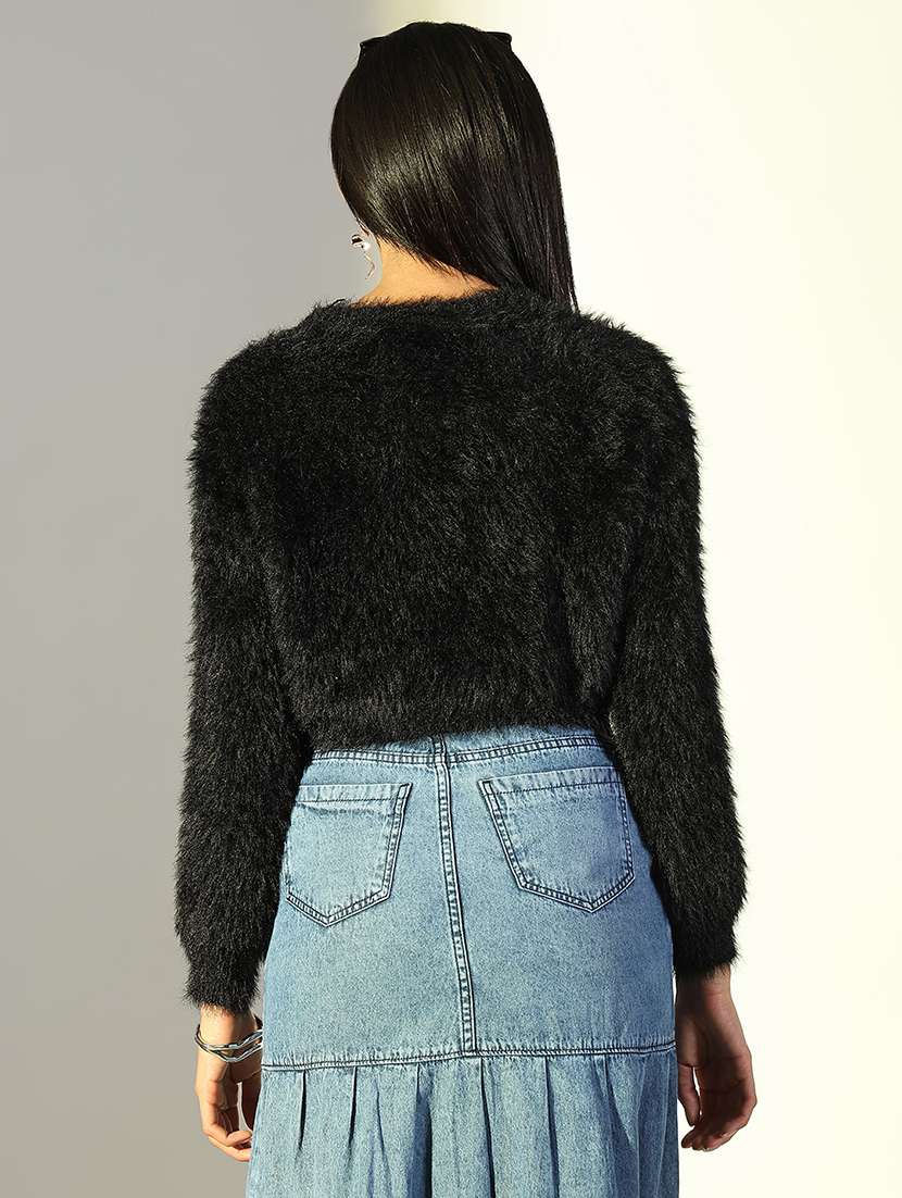 women black solid long sleeve crop top - 21682245 - Standard Image - 2