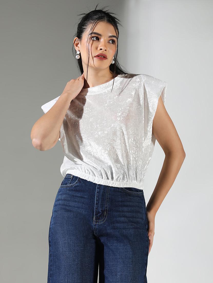 women grey self design round neck crop top - 21682247 - Zoom Image - 0