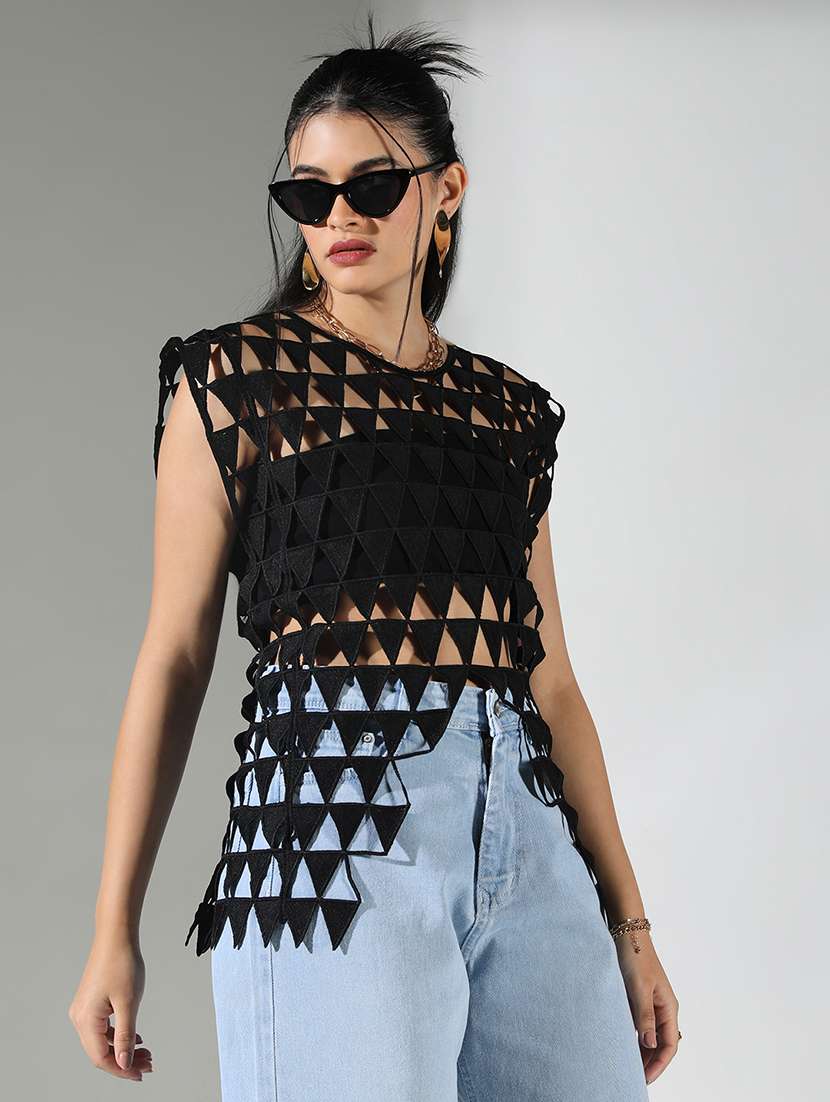 women black solid sleeveless cutwork top