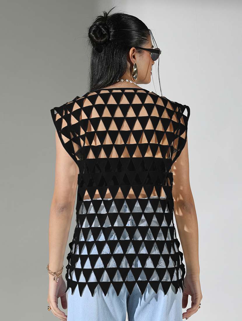 women black solid sleeveless cutwork top - 21682256 -  Standard Image - 2
