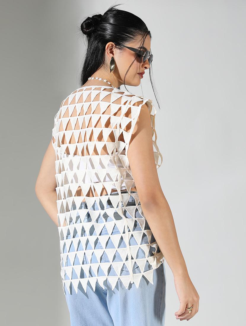 women off white solid sleeveless cutwork top - 21682258 - Standard Image - 2