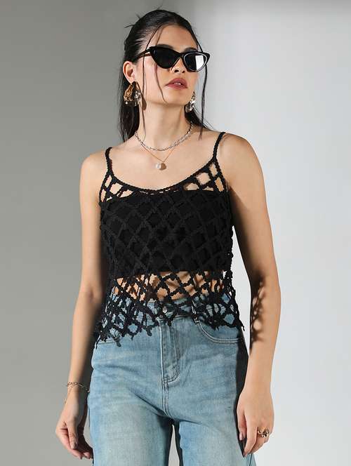 women black cut work shoulder strap sleeve top - 21682261 - Standard Image - 0