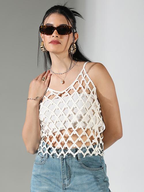 women cream cut work shoulder strap sleeve top - 21682262 - Standard Image - 0