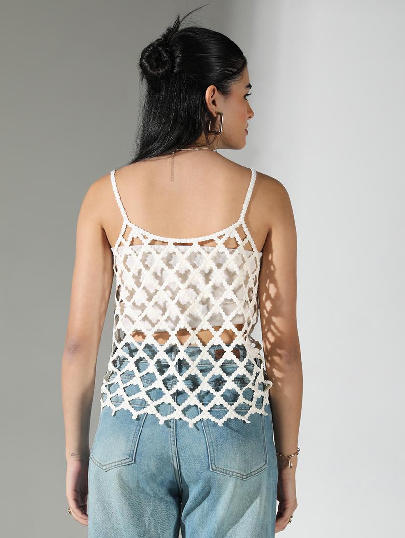 women cream cut work shoulder strap sleeve top - 21682262 - Standard Image - 2