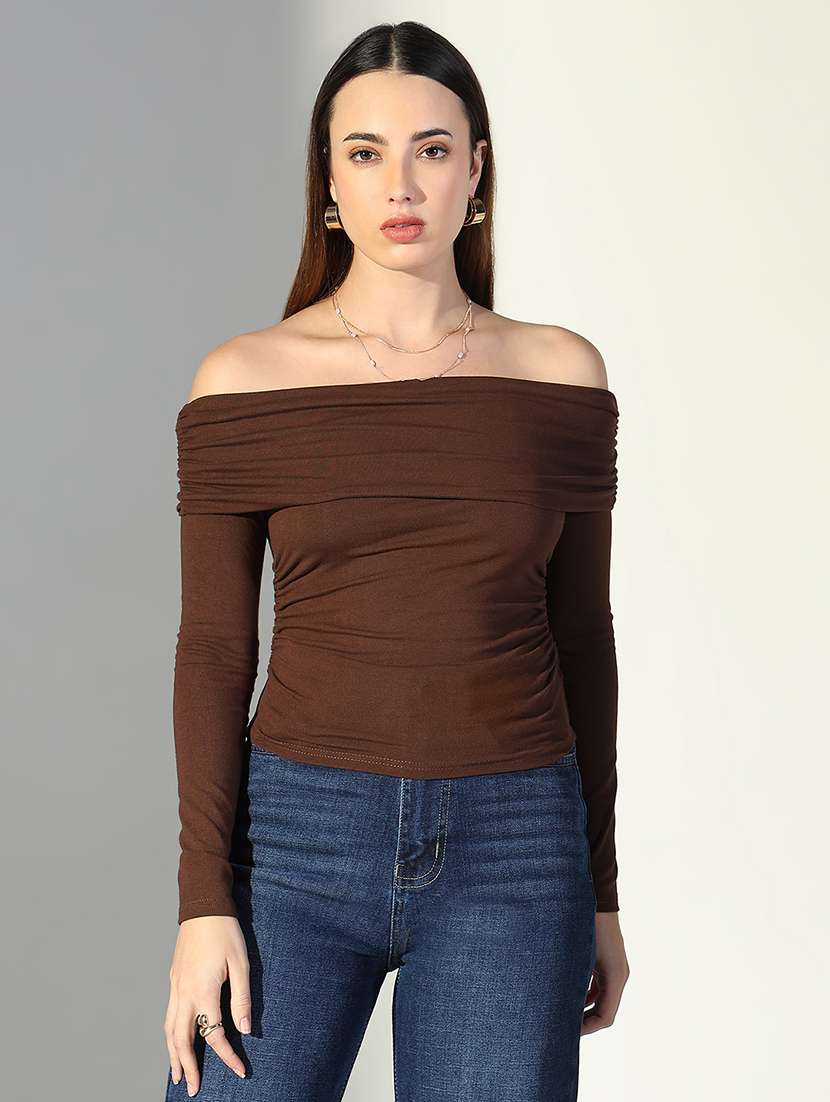 women solid off-shoulder neck regular top