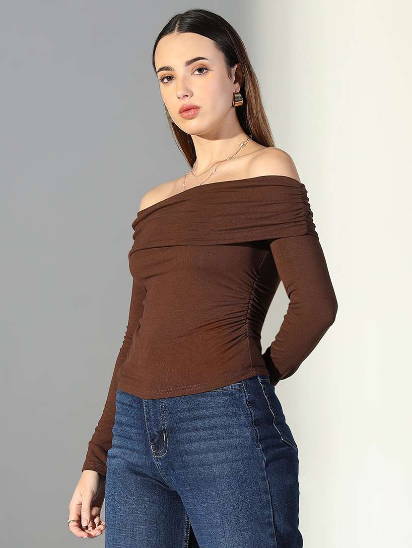 women solid off-shoulder neck regular top - 21682267 -  Standard Image - 2