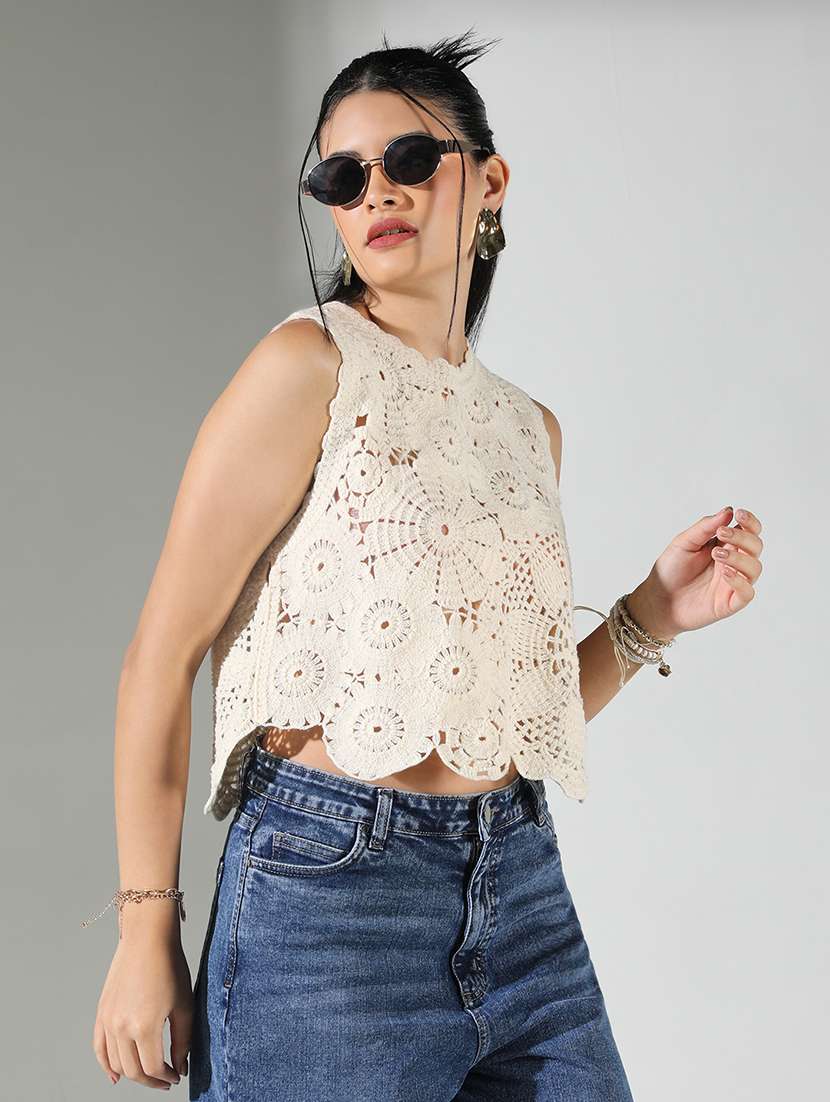women crochet work round neck crop top - 21682269 -  Standard Image - 2
