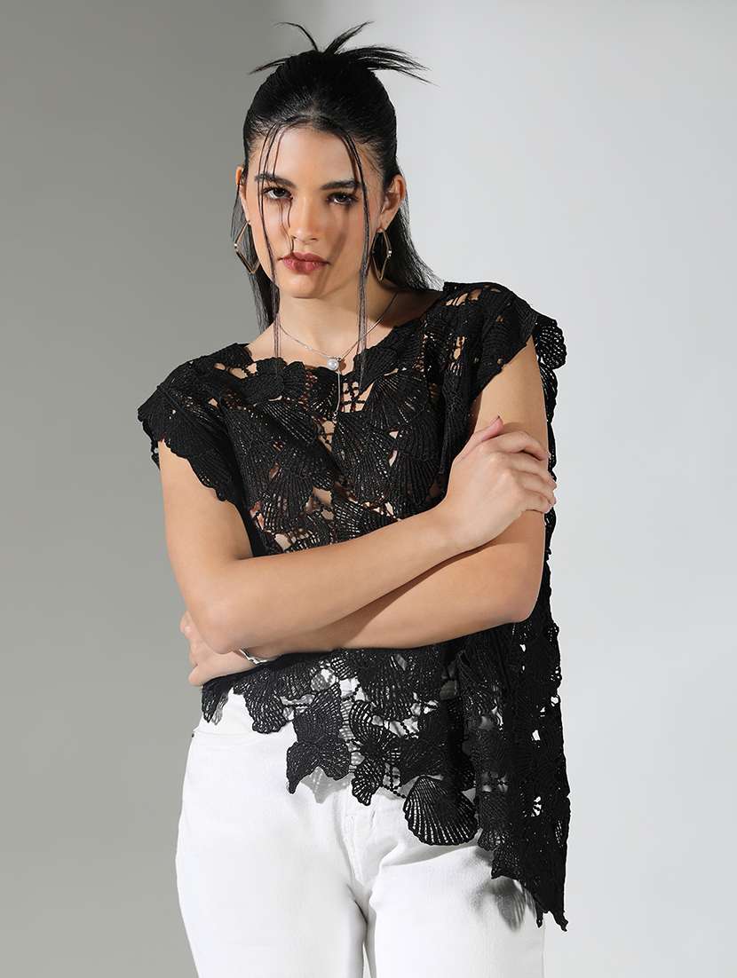 women crochet work round neck asymmetric top