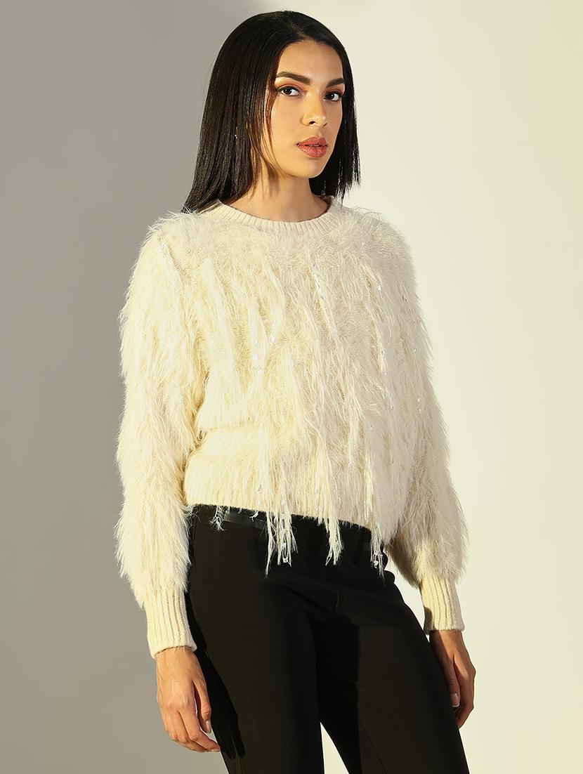 women solid fuzzy detailed long sleeve pullover - 21682278 - Standard Image - 2