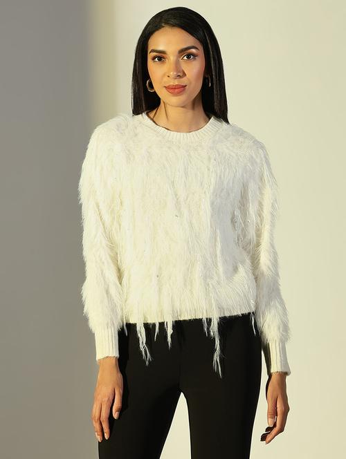 women solid fuzzy detailed long sleeve pullover - 21682279 - Standard Image - 0