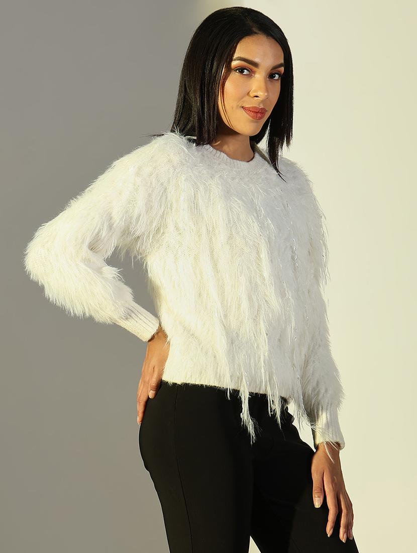 women solid fuzzy detailed long sleeve pullover - 21682279 - Standard Image - 2