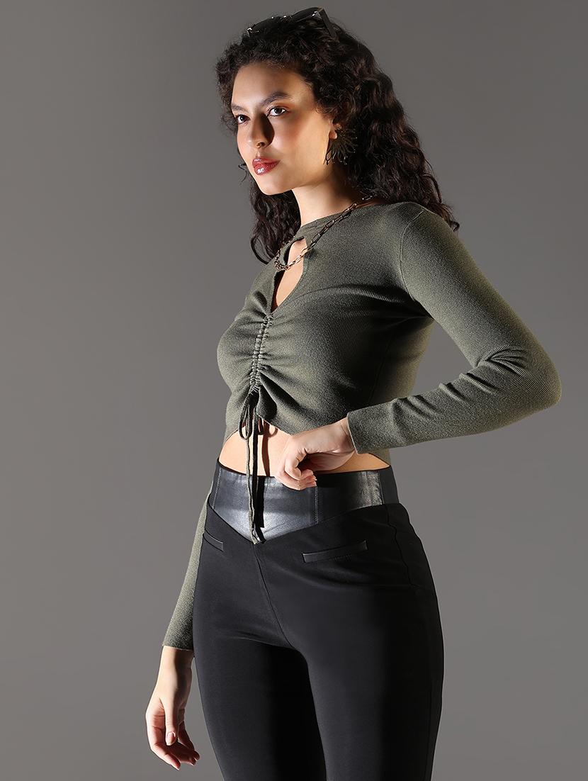 women solid long sleeve crop top - 21682297 - Standard Image - 2