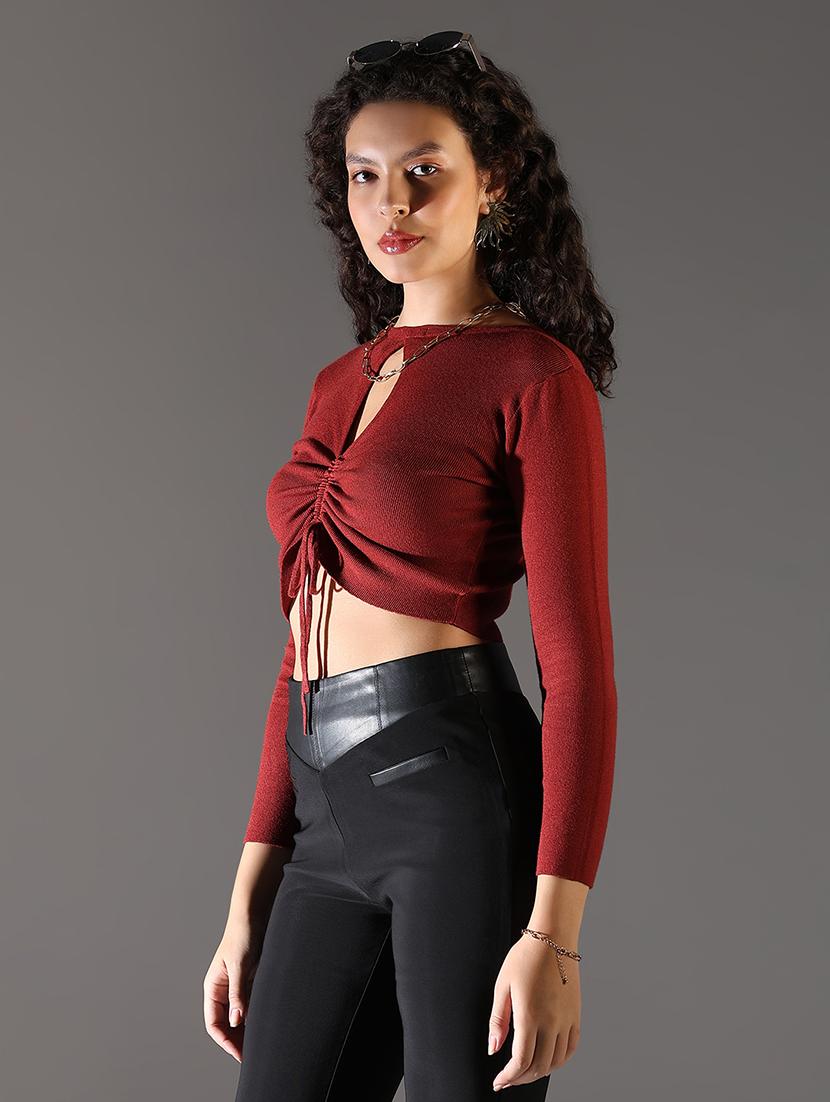women solid long sleeve crop top - 21682298 - Standard Image - 2
