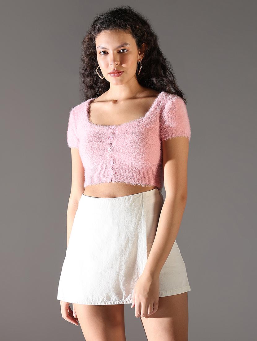 women solid short sleeves crop top - 21682299 - Standard Image - 2