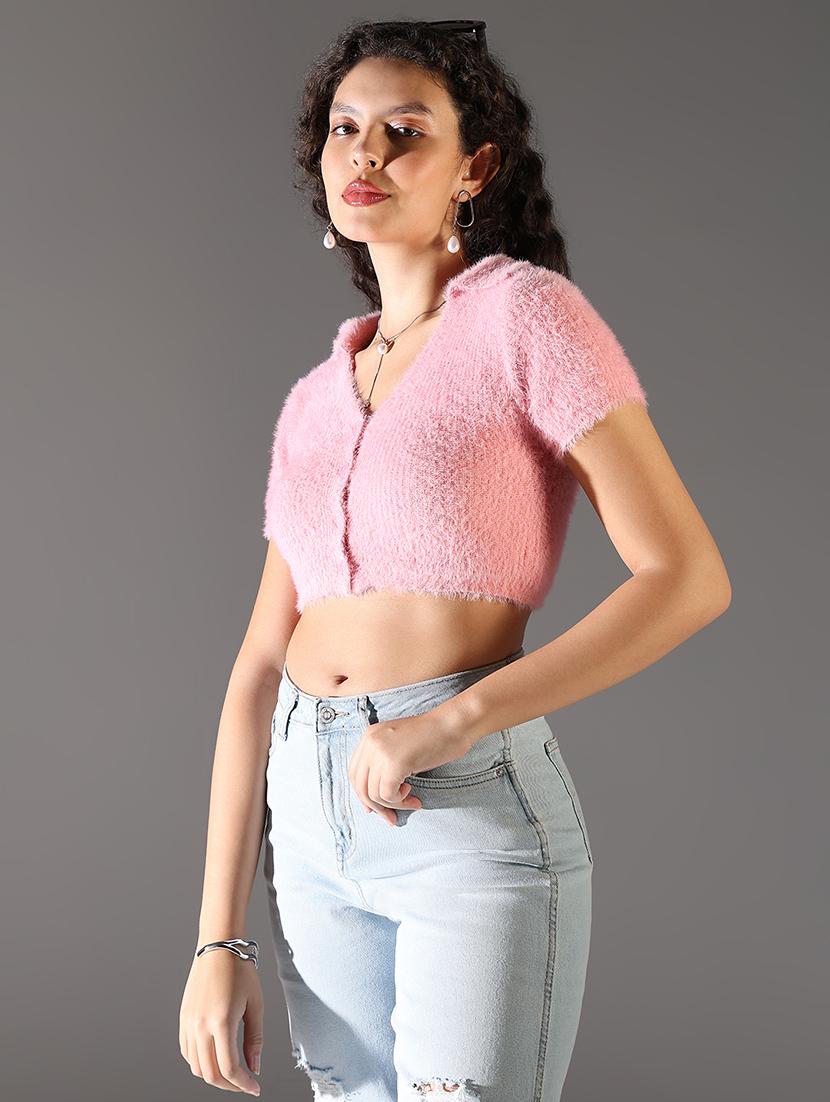 women solid short sleeves crop top - 21682300 - Standard Image - 2