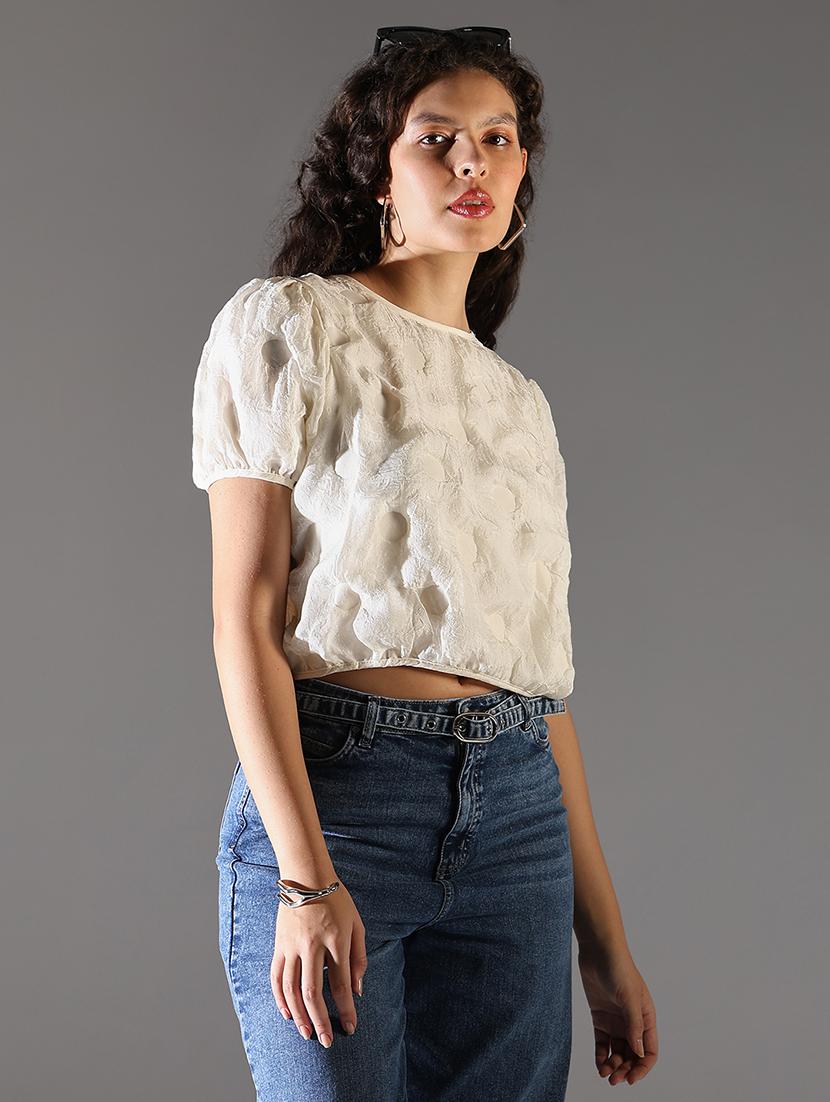 women solid puff sleeve crop top - 21682308 - Standard Image - 2