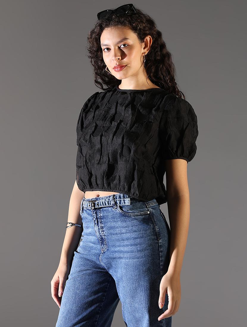 women solid puff sleeve crop top - 21682309 - Standard Image - 2