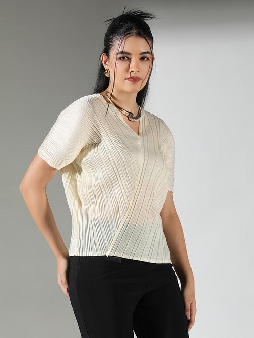 women cream solid short sleeve top - 21682318 -  Standard Image - 0