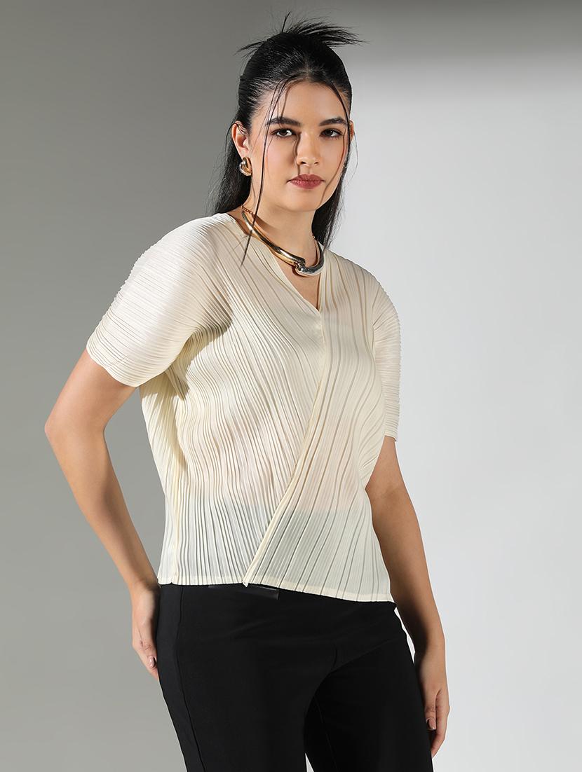 women cream solid short sleeve top - 21682318 -  Zoom Image - 0