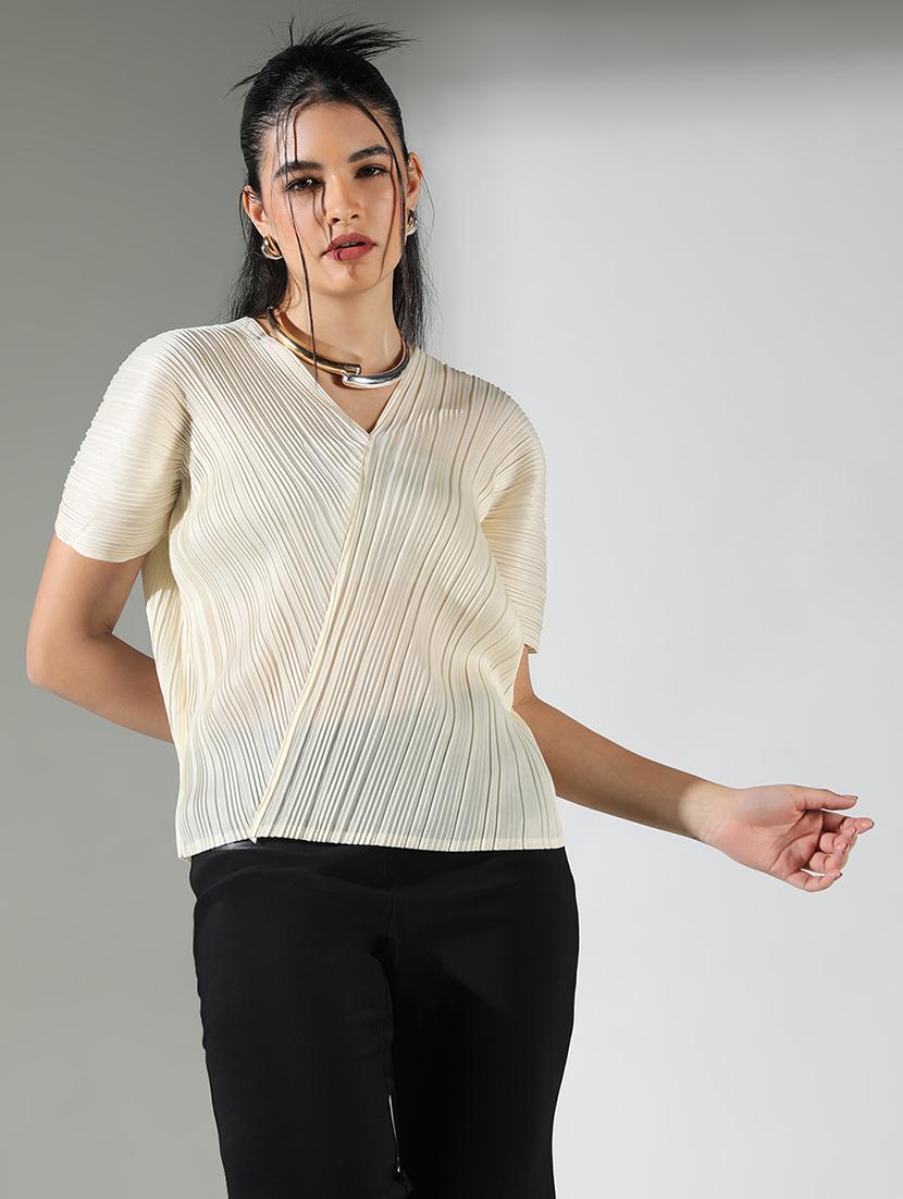 women cream solid short sleeve top - 21682318 - Standard Image - 2