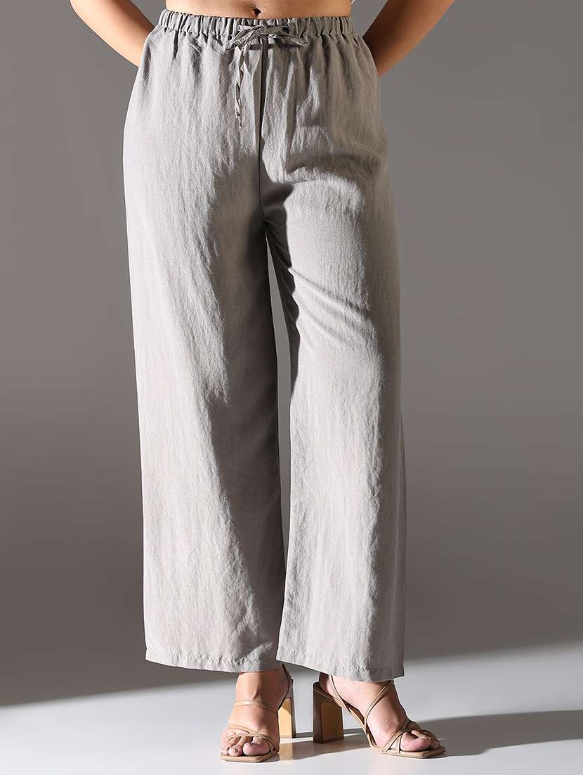 women solid high rise wide leg trouser