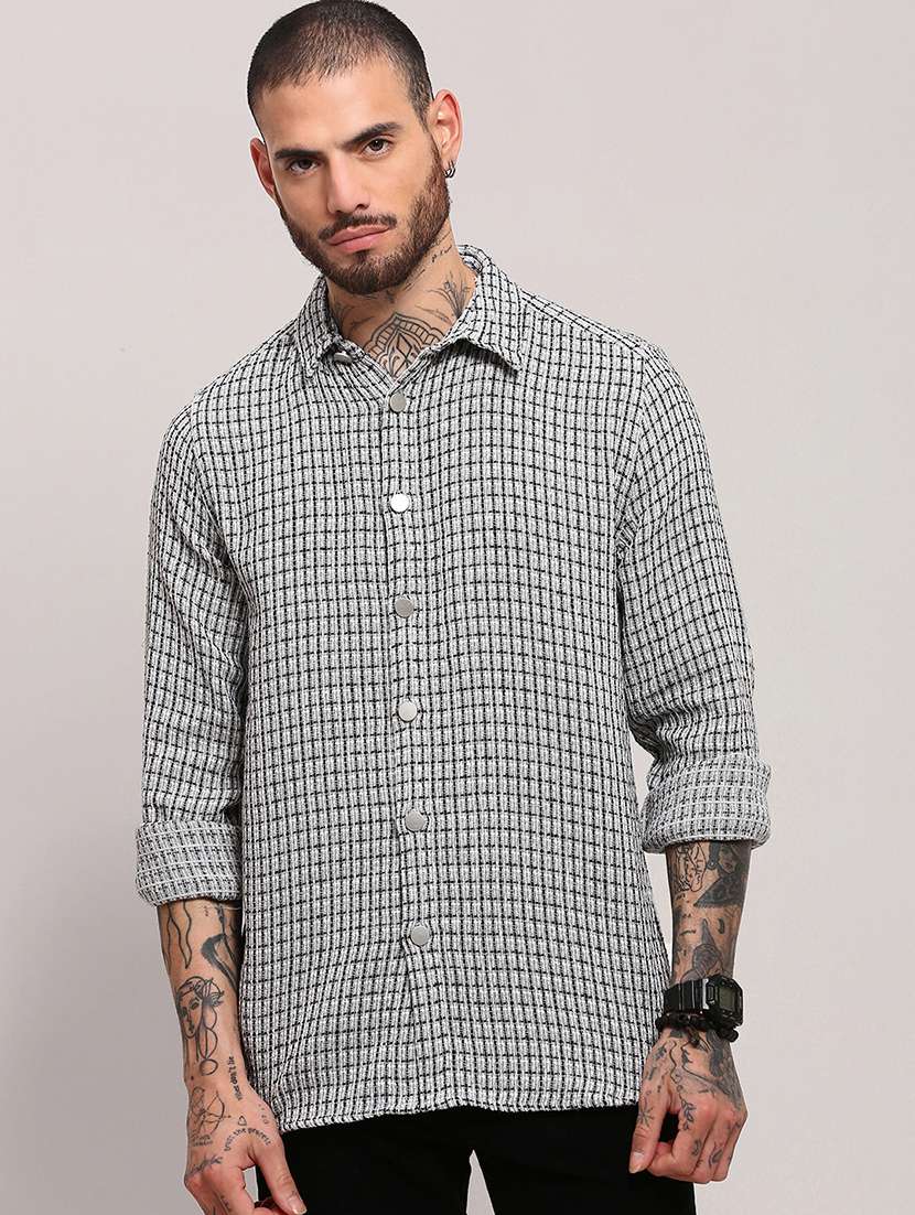 men long sleeves checkered casual shirt