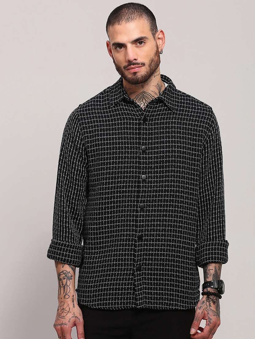 men long sleeves checkered casual shirt