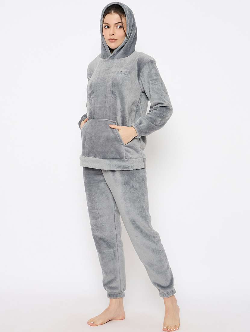 women solid hooded nightwear pyjama set - 21682609 -  Standard Image - 2