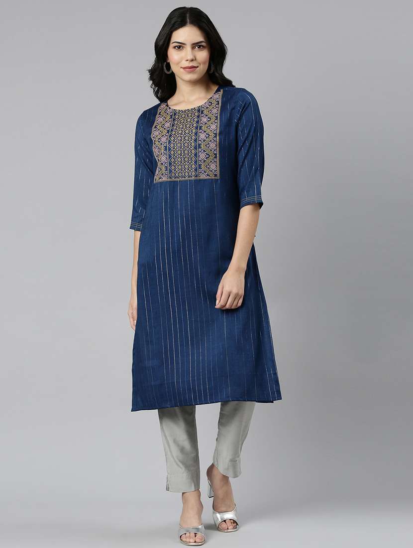women round neck embroidered straight kurta - 21682685 - Standard Image - 2
