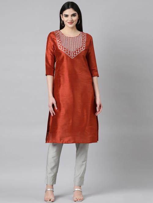women embroidered three quarter sleeve straight kurta - 21682701 - Standard Image - 0