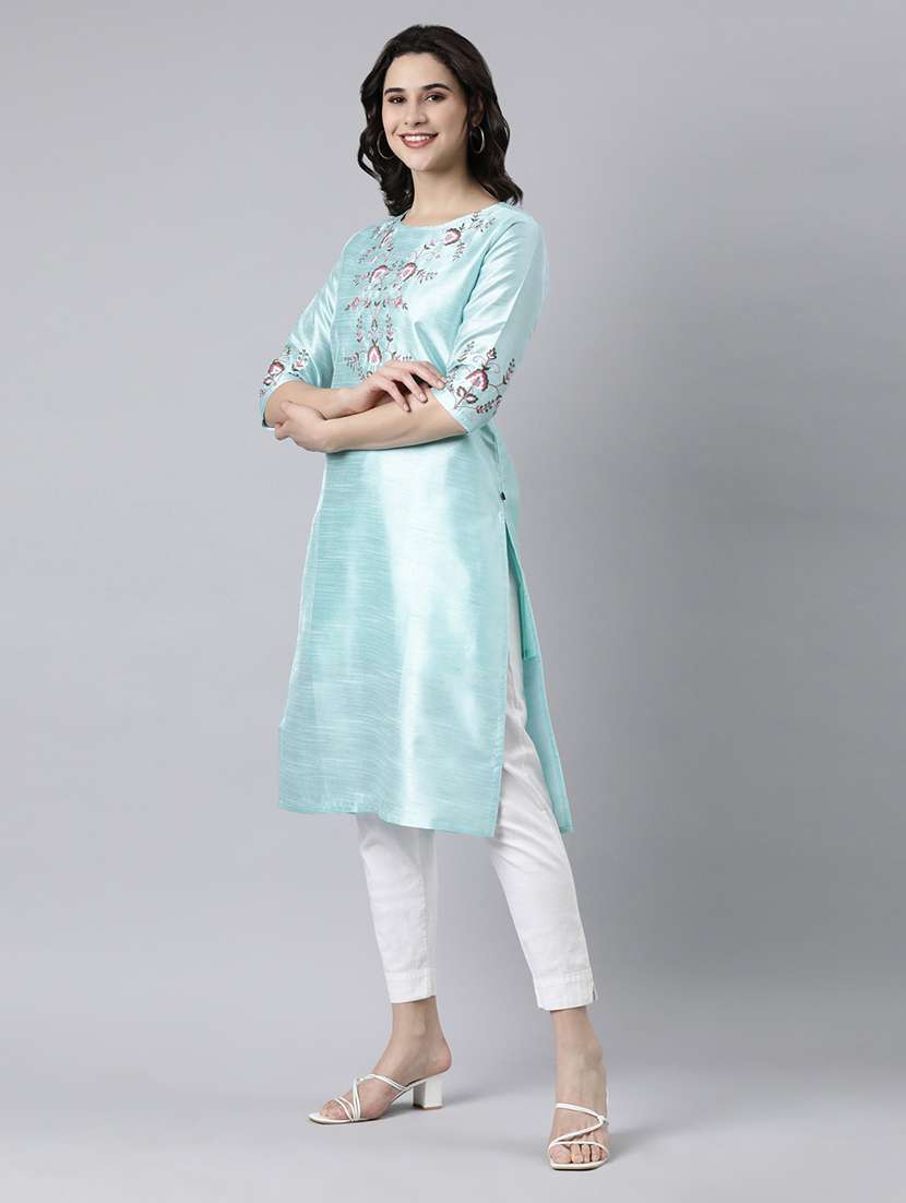 women round neck embroidered straight kurta - 21682704 - Standard Image - 2