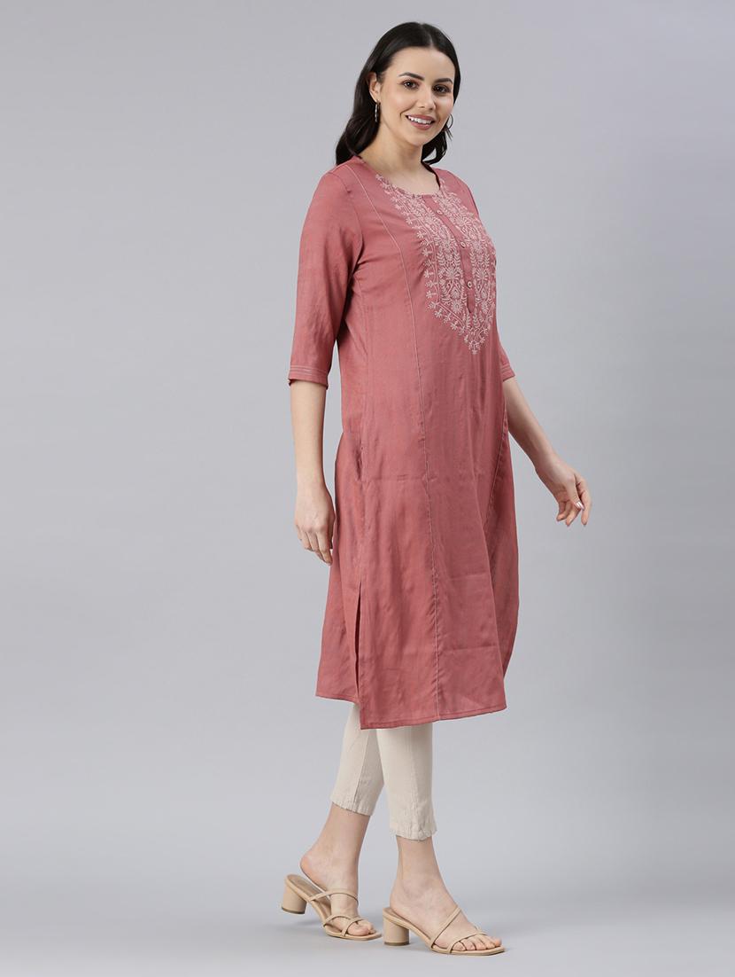 women round neck embroidered straight kurta - 21682706 - Standard Image - 2