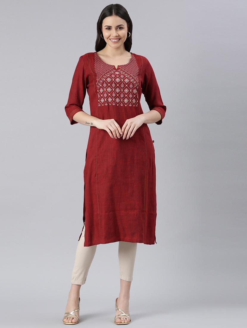women embroidered three quarter sleeve straight kurta - 21682707 - Zoom Image - 0