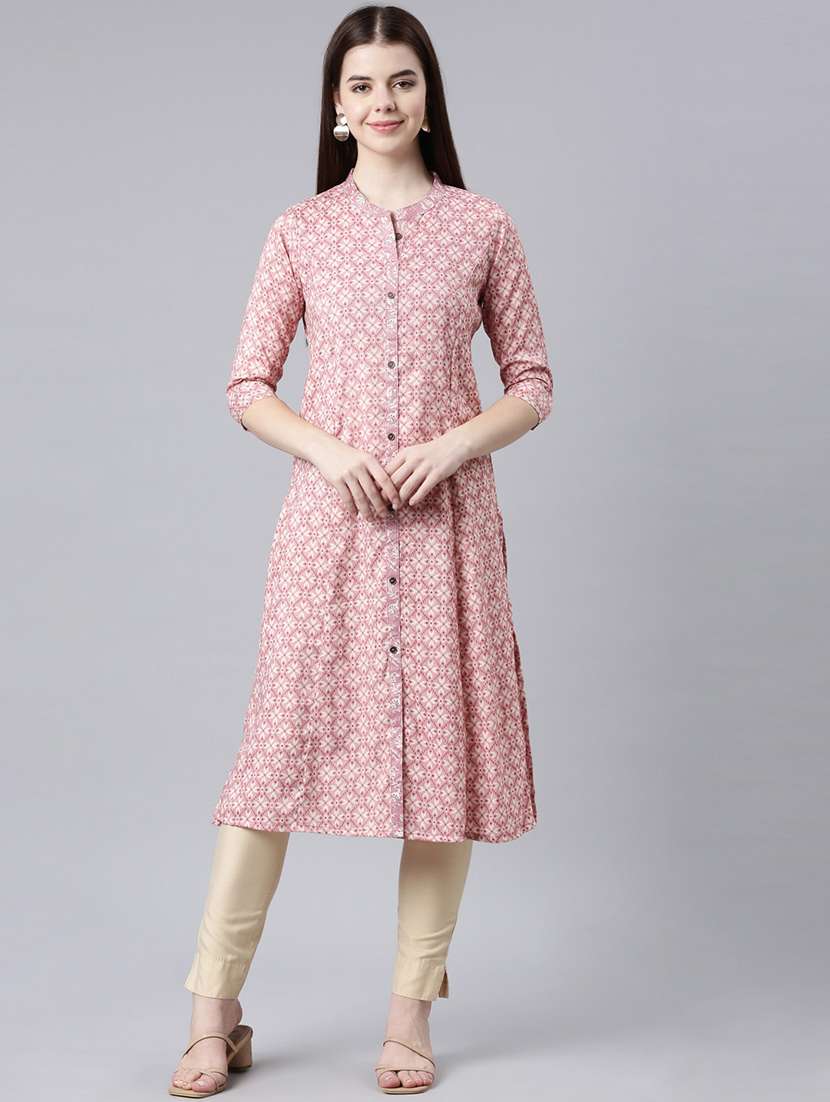 women mandarin neck printed side slit kurta - 21682718 -  Zoom Image - 0