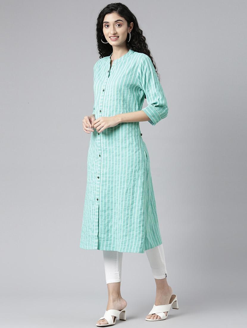women striped mandarin neck a-line kurta - 21682752 - Standard Image - 2