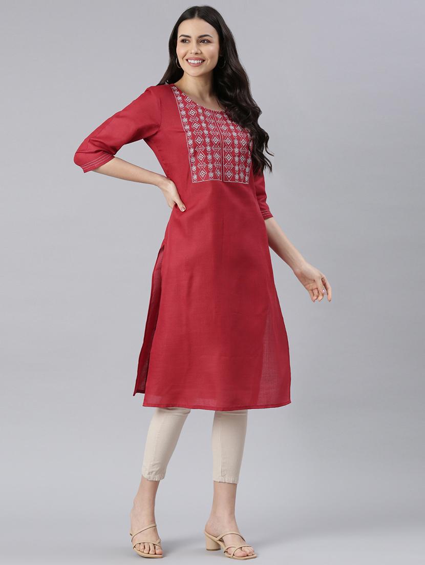 women round neck embroidered straight kurta - 21682767 - Standard Image - 2